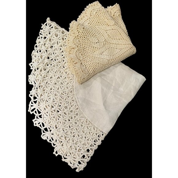 Handmade 20” Crochet Doily Tatting White Cotton Sateen Center French Country - Picture 3 of 9